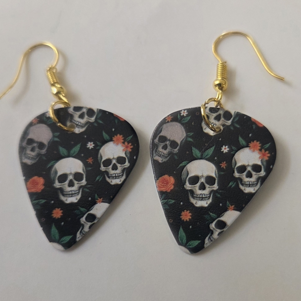 Guitar Pick Dangle Earrings. Skull & Floral Design. NWOT